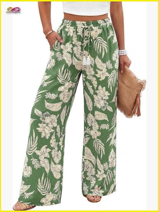 Pants - Wide Leg Palazzo Pants High Waisted Drawstring Loose Flowy Trousers with Pockets